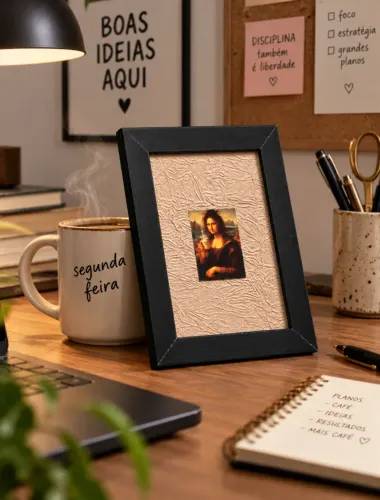 Quadro Decorativo Mona Lisa Tomando Café Divertido Moldura Preta 16x21