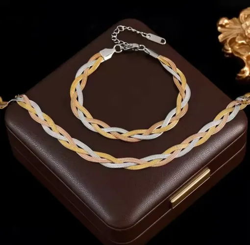 Conjunto trançado colar e pulseira 3 fios