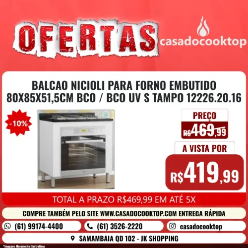 BALCAO NICIOLI PARA FORNO EMBUTIDO 80X85X51,5CM BCO/BCO UV S/ TAMPO 12226.20.16