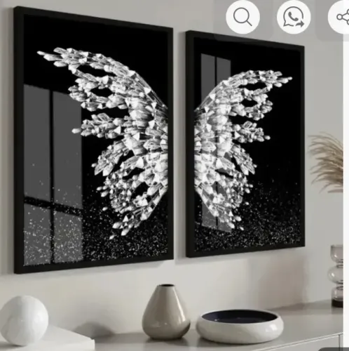 Kit 2 Quadros decorativos - Asas prata Borboleta 40 x 60 Vidro