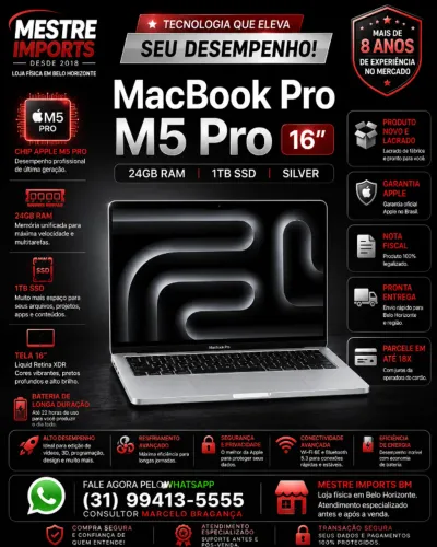 MacBook Pro M5 Pro 16 polegadas 24GB RAM 1TB SSD Silver Novo Lacrado Nota Fiscal
