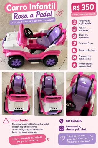 CARRO INFANTIL ROSA A PEDAL - R$ 250