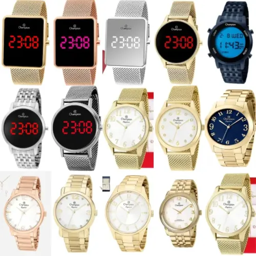 Relógio Champion. Valores variados, entre 170,00 reais a 240,00 reais. 
