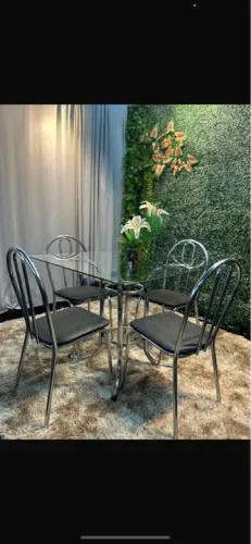 Conjunto de Mesa e Cadeiras para Jantar - inox e tampo de vidro 90x90