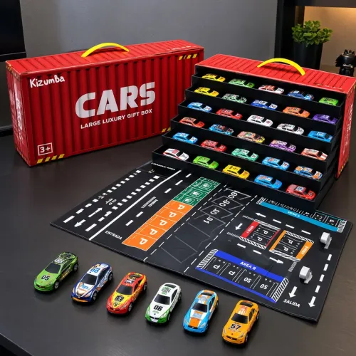 Kit Completo de 48 Mini Carrinhos de Metal Kizumba + Contêiner vira pista brinquedo