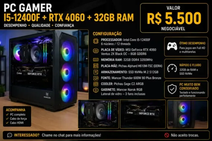 PC Gamer i5-12400F + RTX 4060 8GB + 32GB RAM