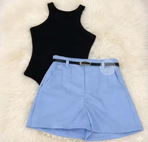 Conjunto Feminino Body Regata + Short Alfaiataria Com Cinto Cintura Alta