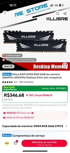 RAM KLLISRE 2x8gb 3200mhz todo funcionando 