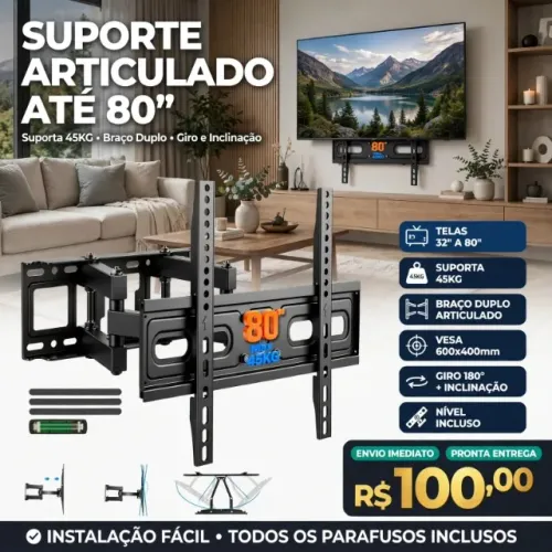 Suporte Para Tv Articulado Lcd Led Parede Suporta 45 kg Braço Duplo Com Giro, Inclinação