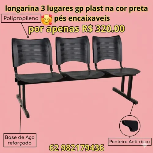 LONGARINA MODELO DE POLIPROPILENO 3 LUGARES NA COR PRETA É 320.00