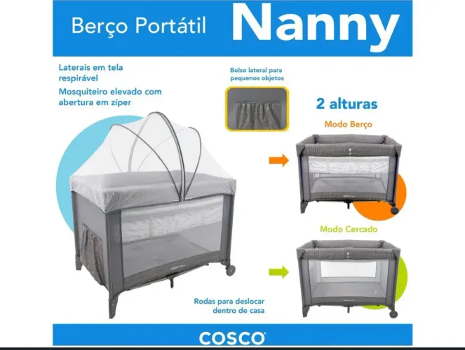 Berço Portátil Infantil C/ Mosquiteiro Nanny Cosco Kids cinza