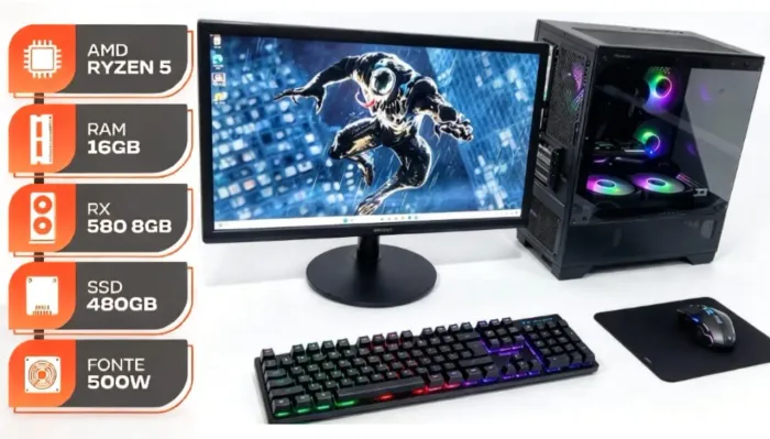 Novo PC Gamer Ryzen 5 5500, Rx 580, 16GB, 480GB, Monitor 21 com NF e Garantia