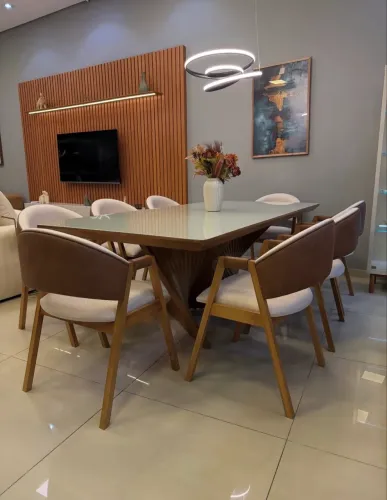 MESA DE JANTAR BASE CASCATA 2,20x1,10 COM 8 CADEIRAS POLTRONAS