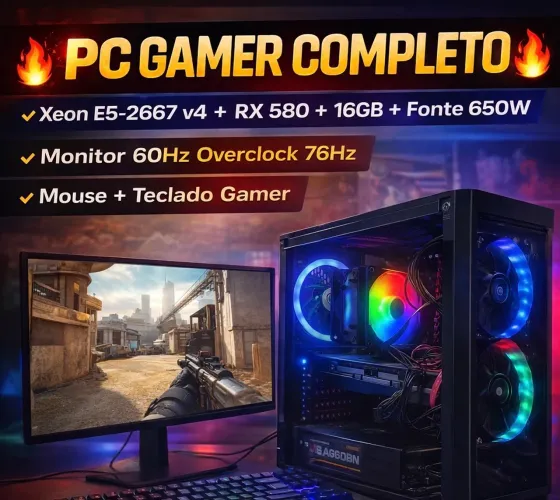 Pc gamer xeon e5 2667 v4 + rx 580 completo mouse sem fio + teclado e monitor, aceito troca