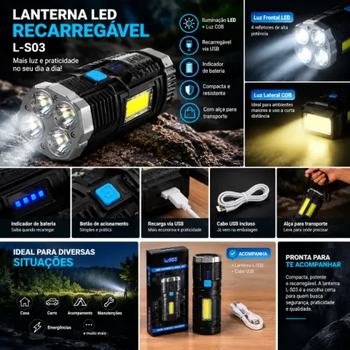 Lanterna LED Recarregável USB L-S03 ? Iluminação Versátil