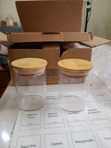 Pote de vidro com tampa de bambu, 5 unidades