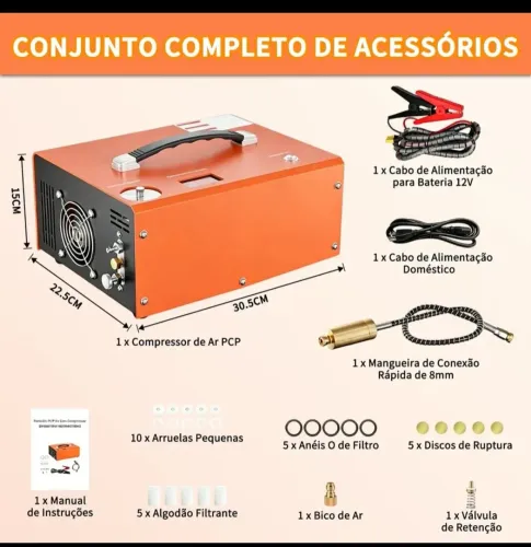 Compressor de ar pcp portátil 12v laranja 4500 psi