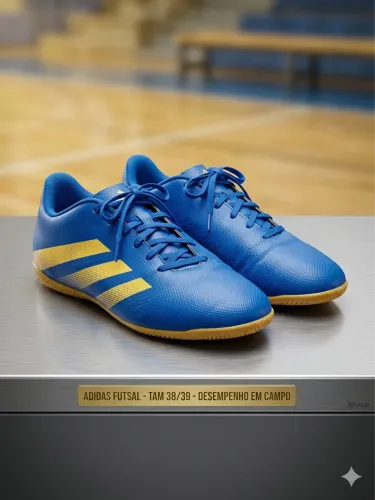 Chuteira Futsal Adidas Azul e Ouro Tam 38/39