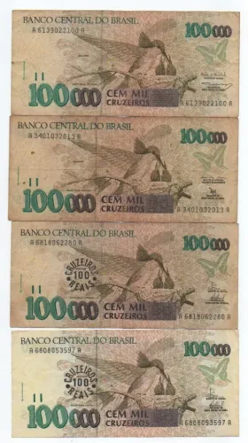 4 Cédulas Antigas 100.000 Cruzeiros - 2 Com Carimbo de 100 Cruzeiros Reais