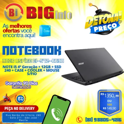 Notebook Acer Core i5 4º Geração + 12GB + SSD 240 + Case + Mouse S/ Fio
