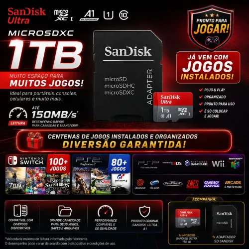 Cartão MicroSD SanDisk Ultra 1TB A1 para Portáteis + Jogos