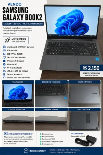 Notebook Samsung Galaxy Book2 - Estado de Novo