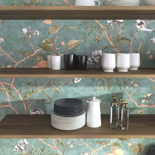 Papel de parede Autoadesivo Ramos Com Flores Magnólia Fundo Verde