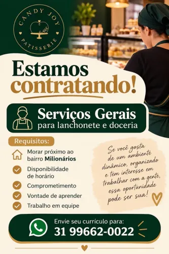 Vaga para Aux Serviços Gerais, Atendente e Líder de loja