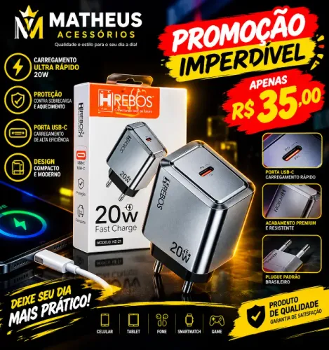 Carregador HREBOS 20W Fast Charge