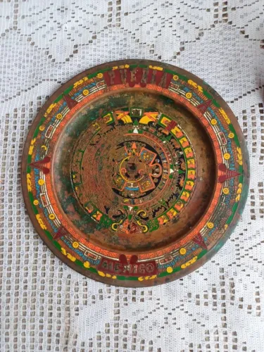 Prato decorativo Asteca México em cobre para decorar
