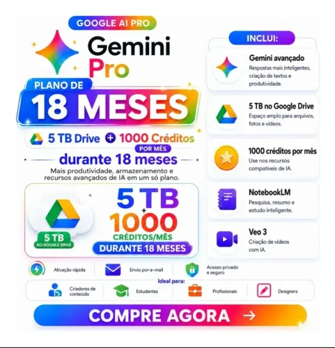 Assinatura Inteligência Artificial Google Gemini Pro + 5 TB de Espaço no Drive