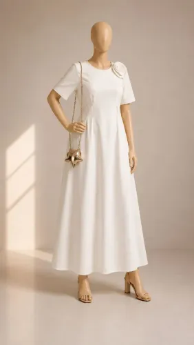 Vestido Longo branco com detalhes em marrom