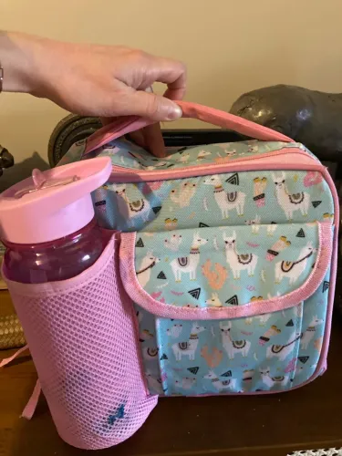 Lancheira térmica infantil de estampa de lhama + garrafinha pink