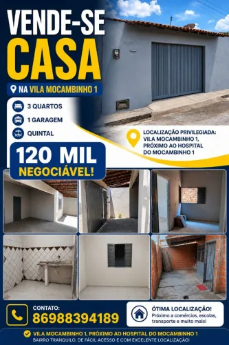 Casa a venda vila Mocambinho 1 próximo ao hospital do Mocambinho garagem 3 quartos 