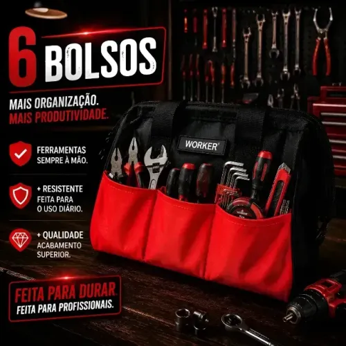 Bolsa De Ferramentas Grande Reforçada 12 E 6 Bolsos Externos - WORKER