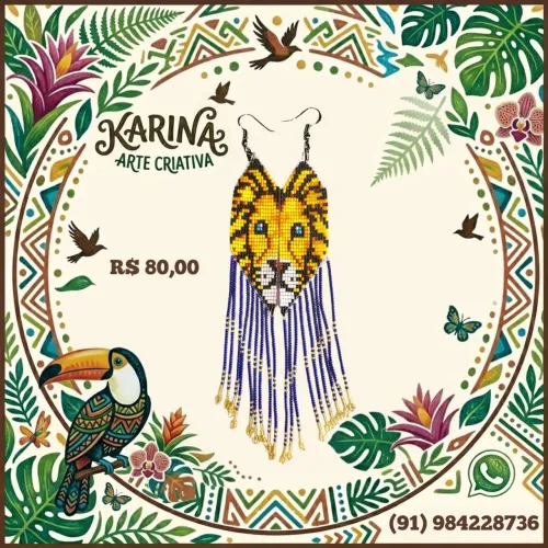 Brinco Artesanal de Miçanga Leão