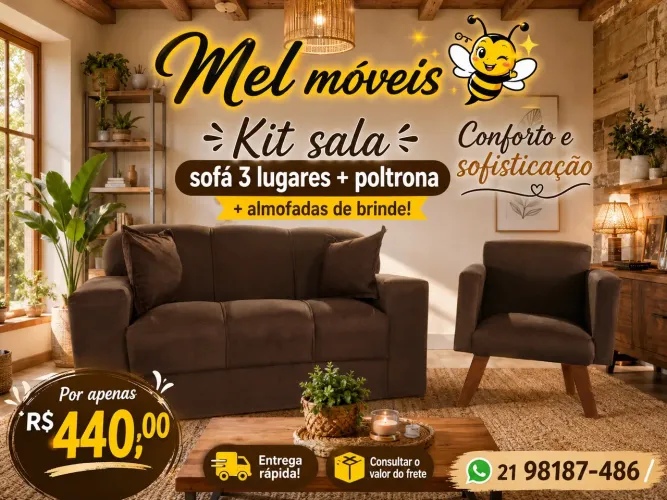 ? 440,00 PROMOÇÃO- kit sala / sofá 3 lugares + poltrona + 2 almofadas de brinde