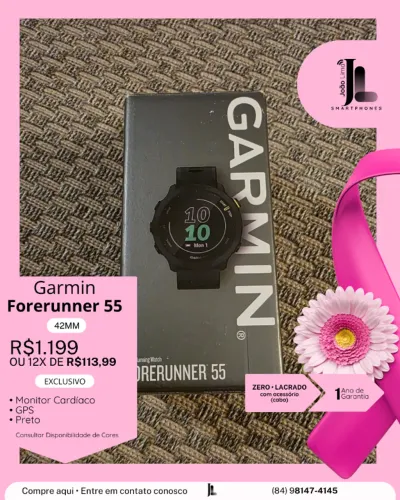 RELÓGIO GARMIN FORERUNNER 55, 42MM, PRETO, LACRADO, EXCLUSIVO!