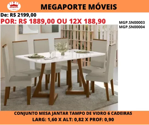 Conjunto Mesa de Jantar Tampo de Vidro 6 Cadeiras