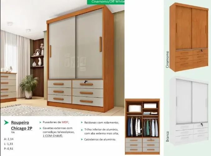 Guarda Roupa chicago 2 porta de correr 6 gavetas $1.339,00
