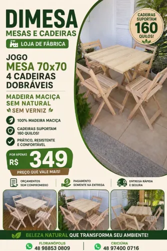 Mesa madeira maciça sem verniz 70x70 com 4 cadeiras dobráveis