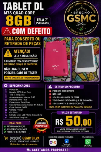 Tablet DL M7S Quad Core 8GB 7" - Com Defeito | Para Conserto ou Retirada de Peças
