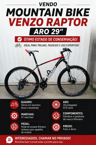 Bicicleta Venzo Raptor Aro 29 | Shimano | 21 Marchas | Freio a Disco