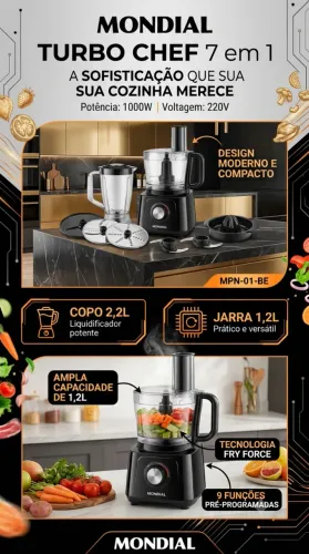 Mondial Multiprocessador Turbo Chef 7 em 1, Preto, 1000W, 220V - MPN-01-BE