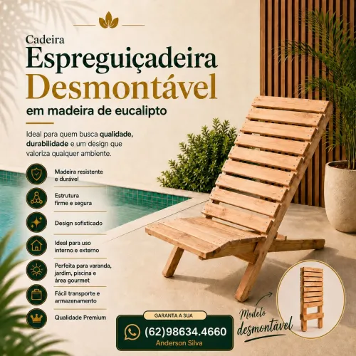 Cadeira Espreguiçadeira de Madeira Eucalipto Desmontável