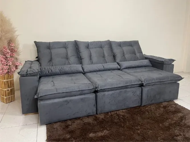 Sofá Retrátil Reclinável Atenas 2.70m Cinza Veludo Até 12x - Frete Grátis