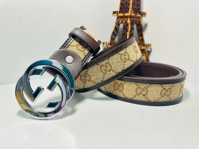 CINTO MASCULINO GUCCI COURO VS TECIDO PREMIUM FIVELA PRATA CROMADO LANÇAMENTO 2025 TOP