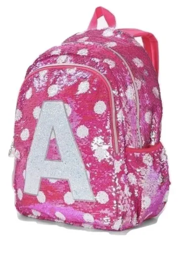 mochila de paetê lantejoulas poá justice importado usa rosa Letra O