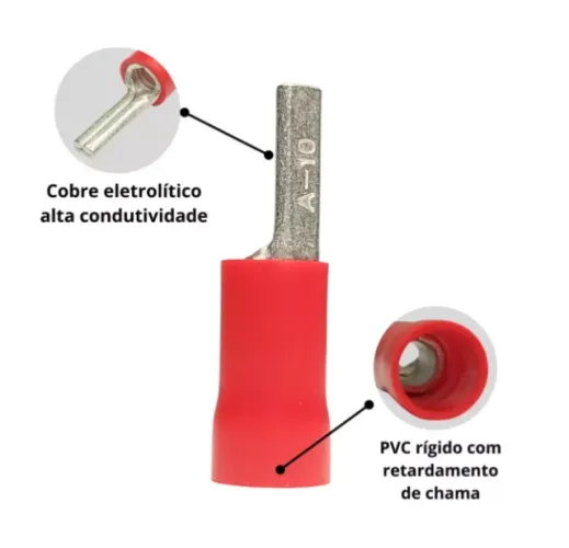 Kit C/ 20 Terminal Pré Isolado Pino 10mm Vermelho