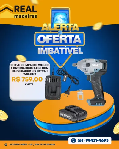 Chave De Impacto A Bateria 18v 2Ah Bivolt Brushless Com Carregador e Soquetes WS2407..1